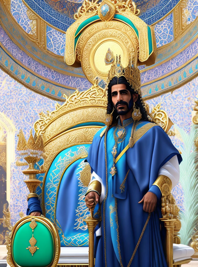 Regal animated character with beard in blue robe and golden crown on ornate throne