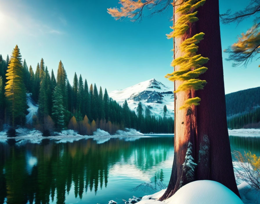 Snow-capped mountain, forest, lake, green pines, orange tree