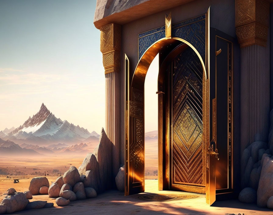 Golden ornate door ajar in stone archway with radiant light, desert and mountains.