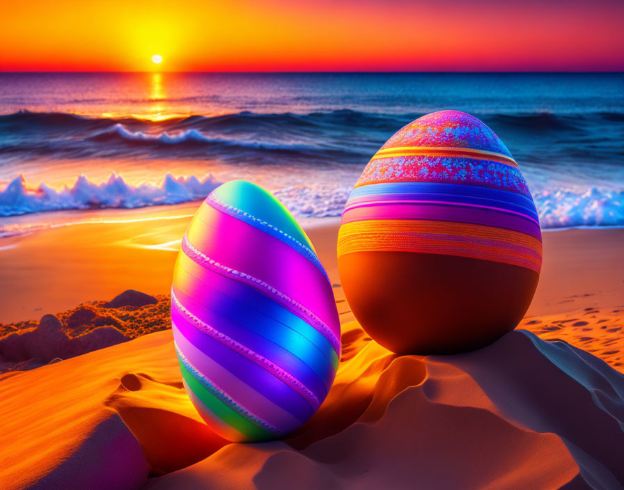 Colorful Easter Eggs on Sandy Beach at Vibrant Sunset