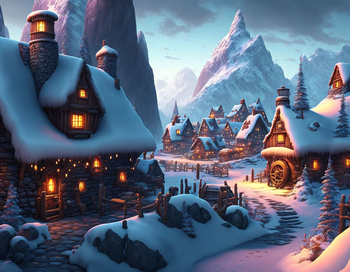 Snow-covered cottages in a winter village at dusk with glowing warm lights