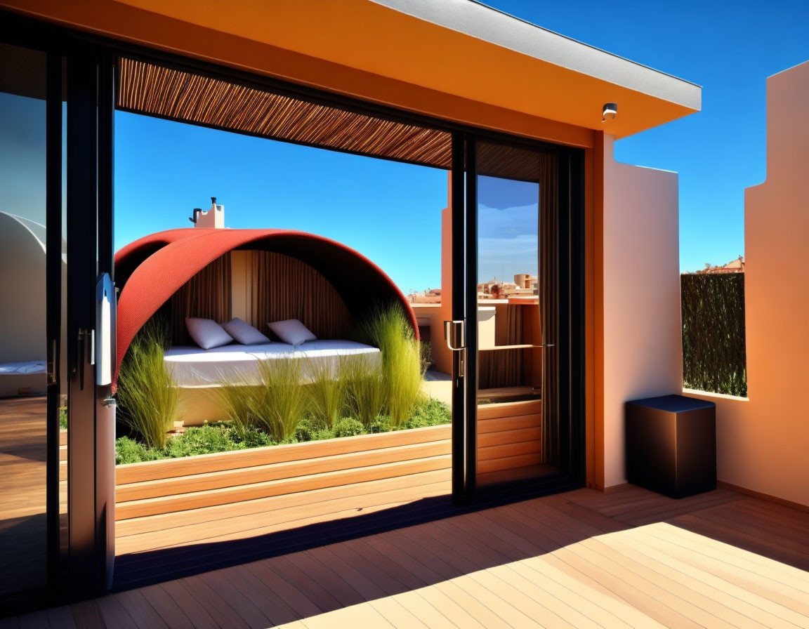 Stylish outdoor bed on modern rooftop patio