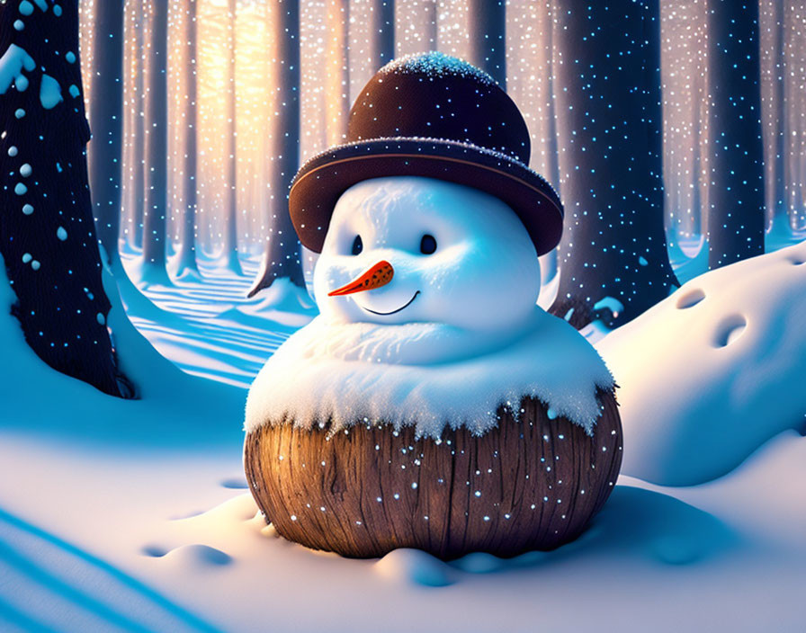 Snowman with carrot nose and hat in magical winter forest.