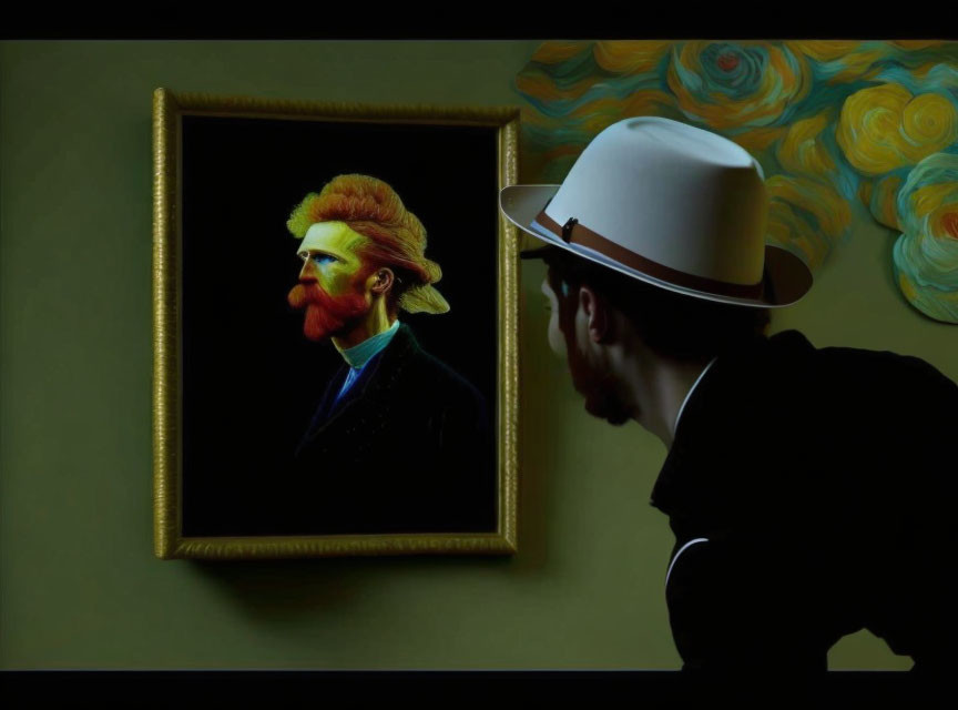 Man in white hat observing van Gogh-inspired portrait with stylized swirls