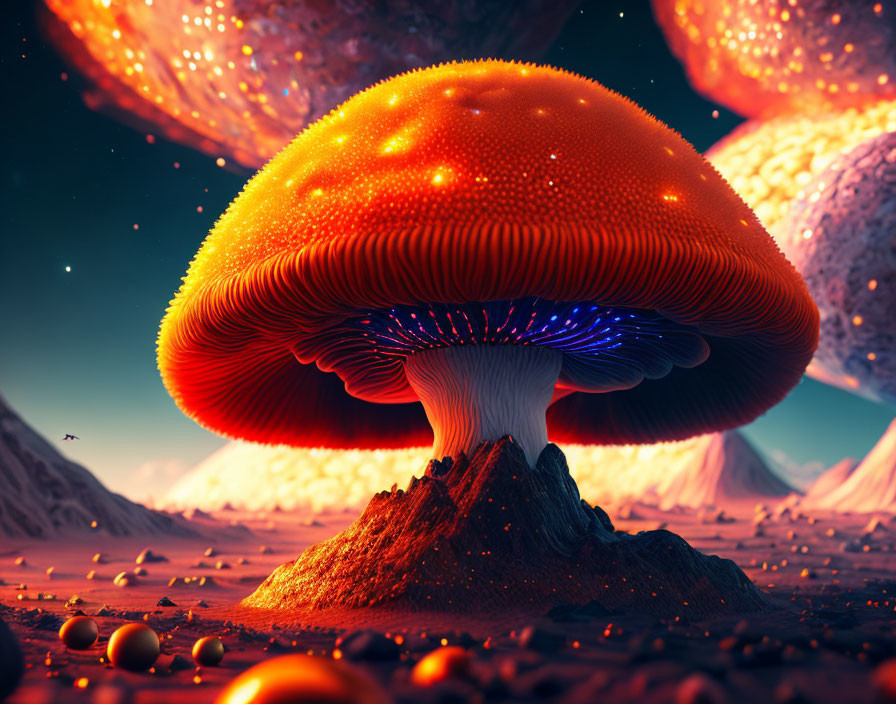 Surreal landscape with glowing mushrooms under starry sky