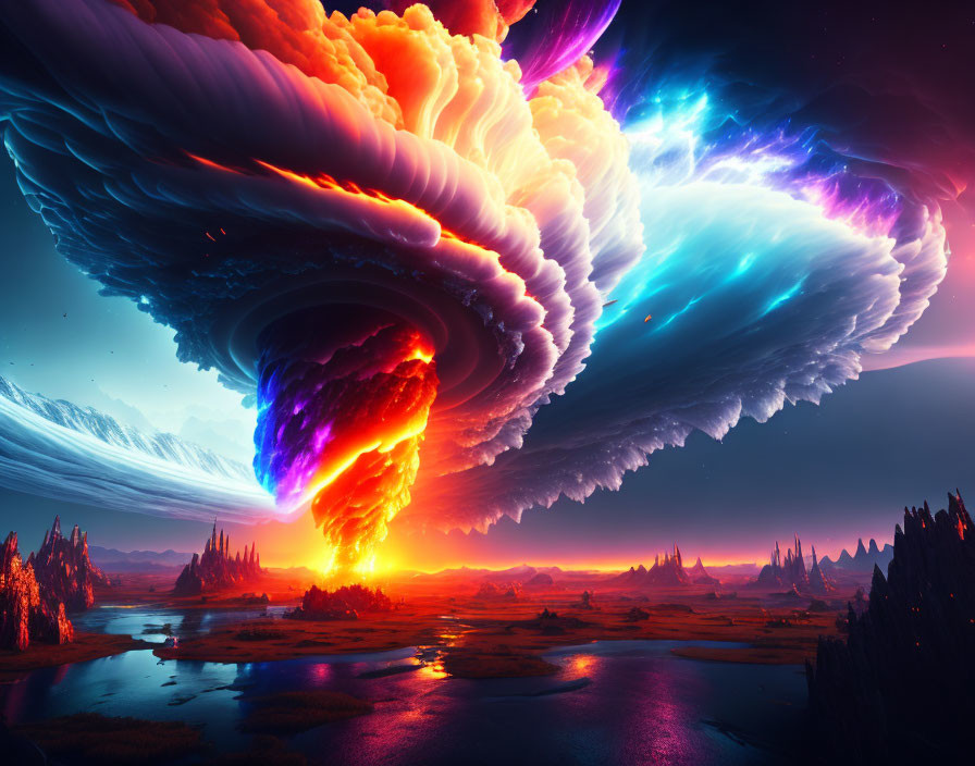 Colorful Alien Landscape with Multicolored Clouds and Water Bodies