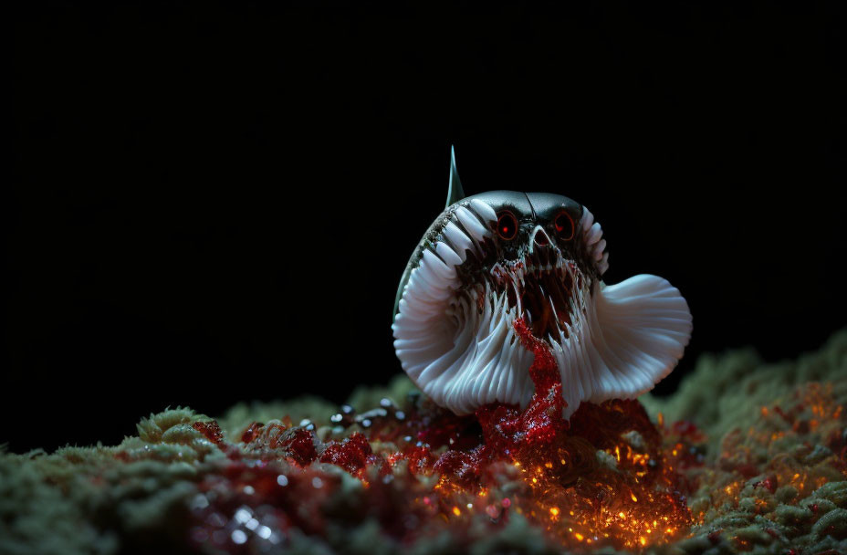 Luminescent deep-sea fish with sharp teeth in dark ocean setting