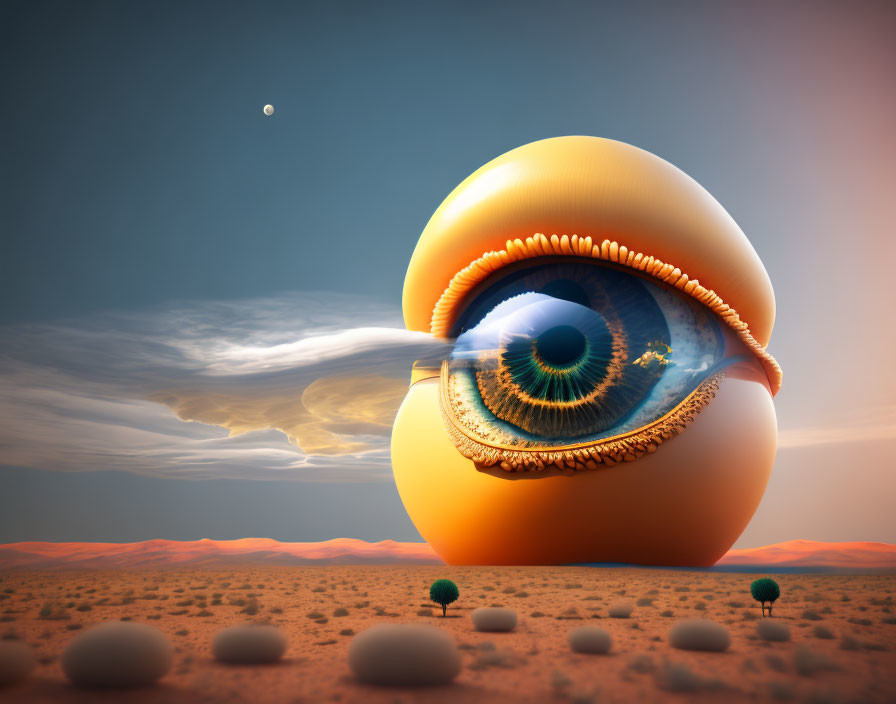 Surrealist desert landscape with giant eye in fleshy orb under orange sky