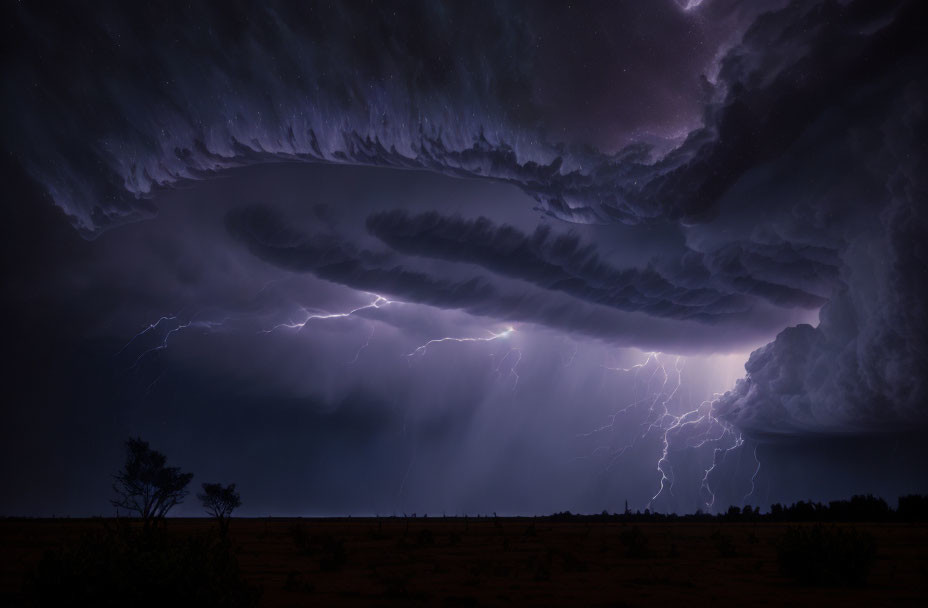 Giant shelf cloud with lightning bolts over lone tree in night sky