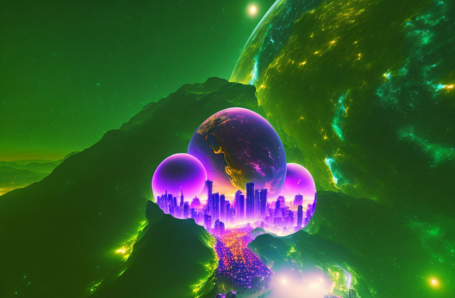 Surreal glowing cityscape in cosmic mountainous terrain