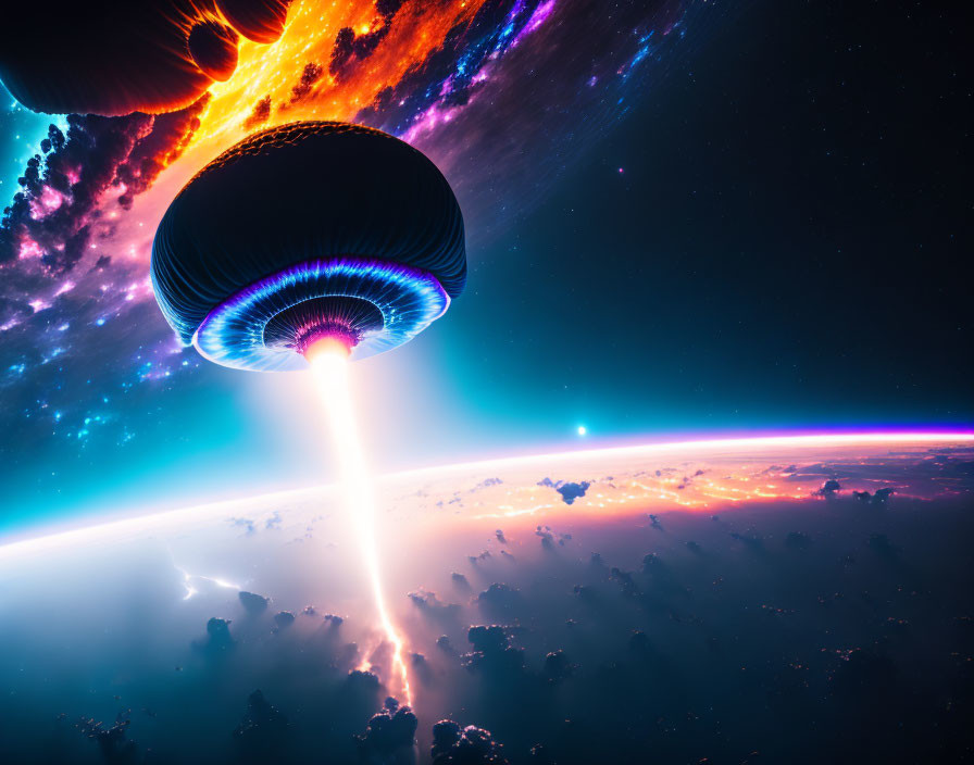 Alien spaceship using tractor beam above illuminated planet horizon