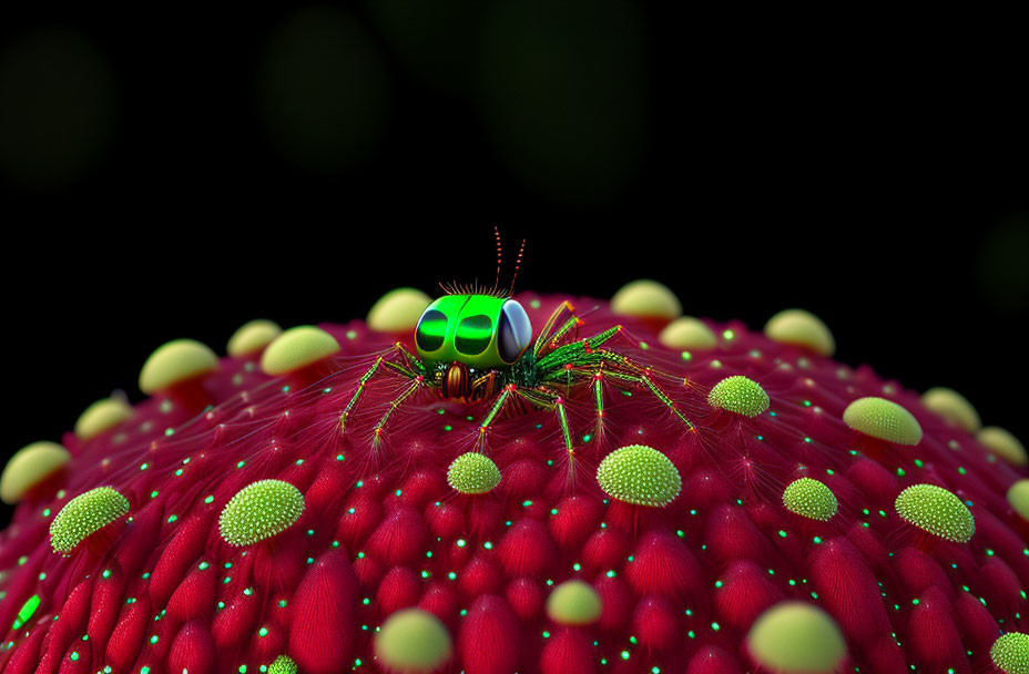 Vibrant green fly on red flower against black background