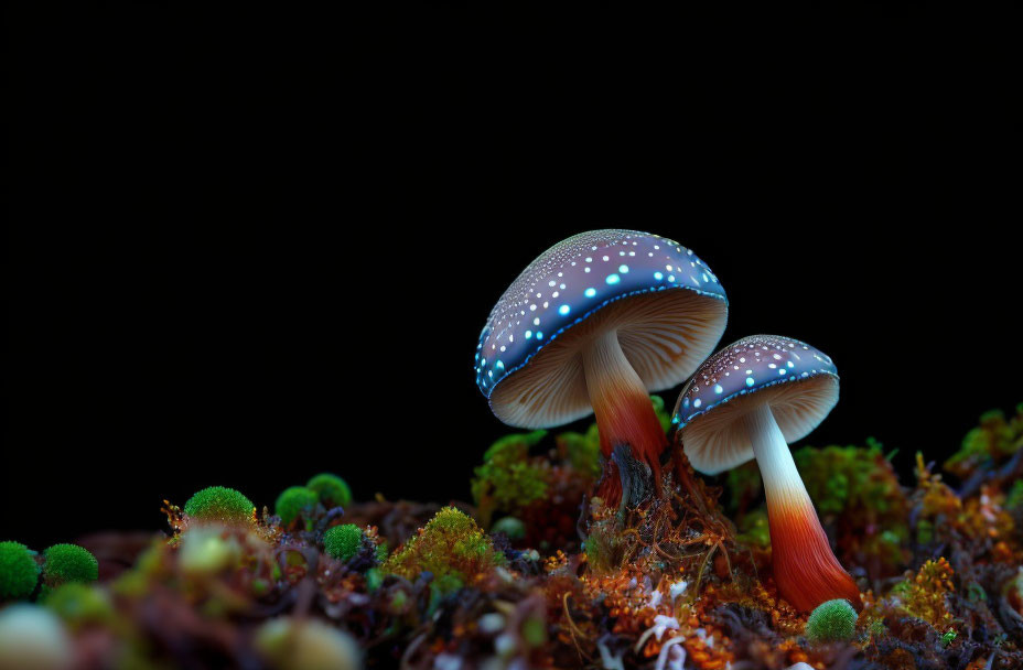 Blue bioluminescent mushrooms in dark forest setting with moss and detritus