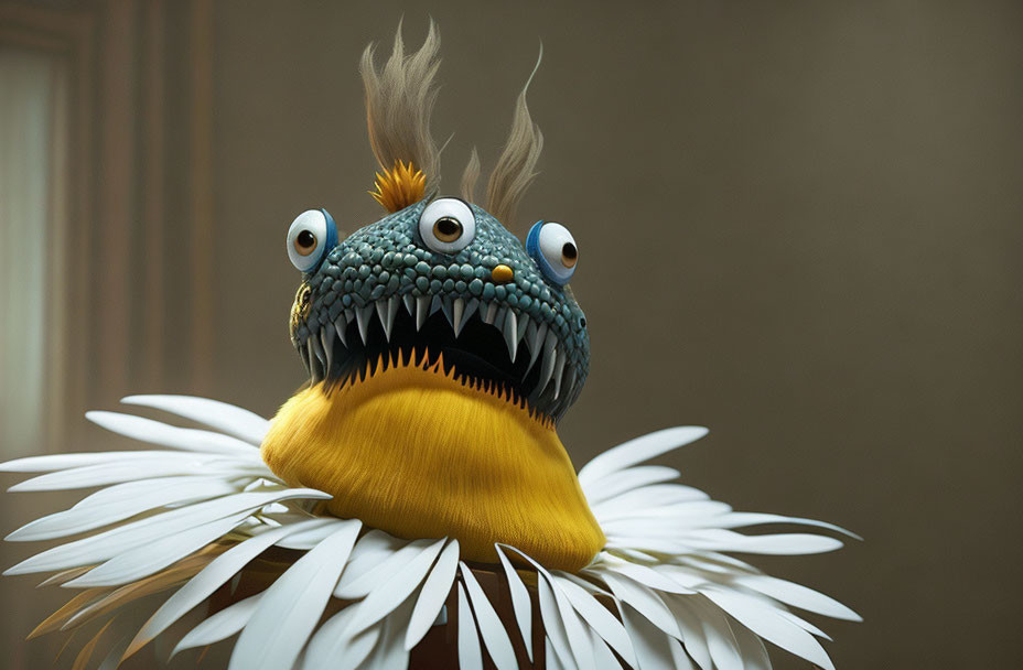 Cartoonish creature with big eyes and sharp teeth in white daisy scene