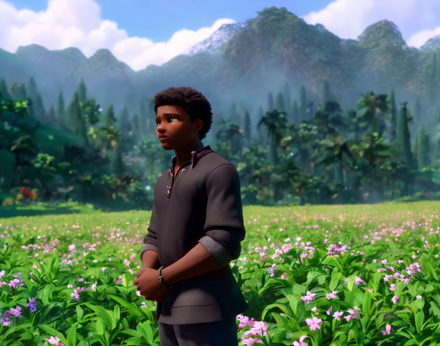 Young animated character in colorful meadow with mountain backdrop