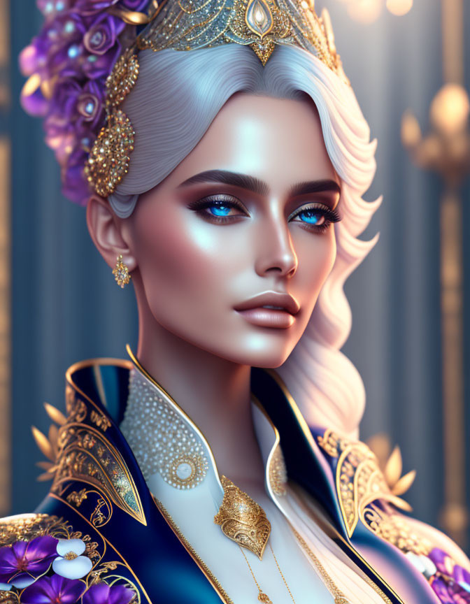 Digital Artwork: Woman with Silver Hair, Blue Eyes, and Golden Crown