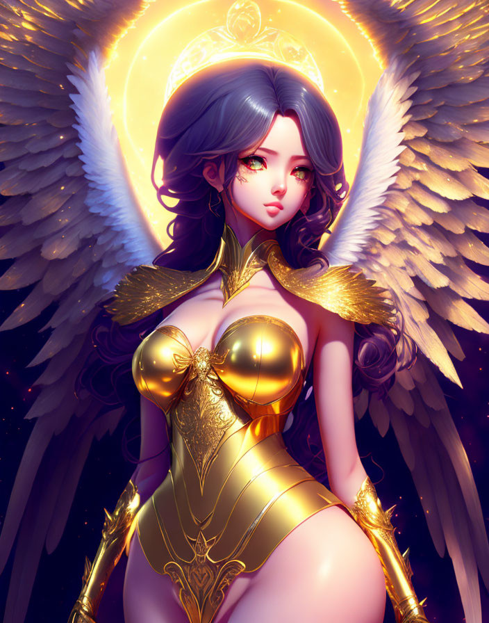 Golden-armored angel with white wings and halo on dark celestial backdrop