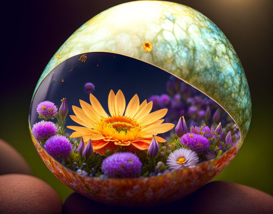 Surreal image: Glossy egg with vibrant flowers in cosmic backdrop