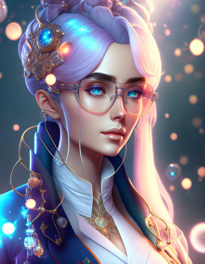 Stylized portrait of female character with pale blue hair, glasses, and intricate jewelry against glowing lights