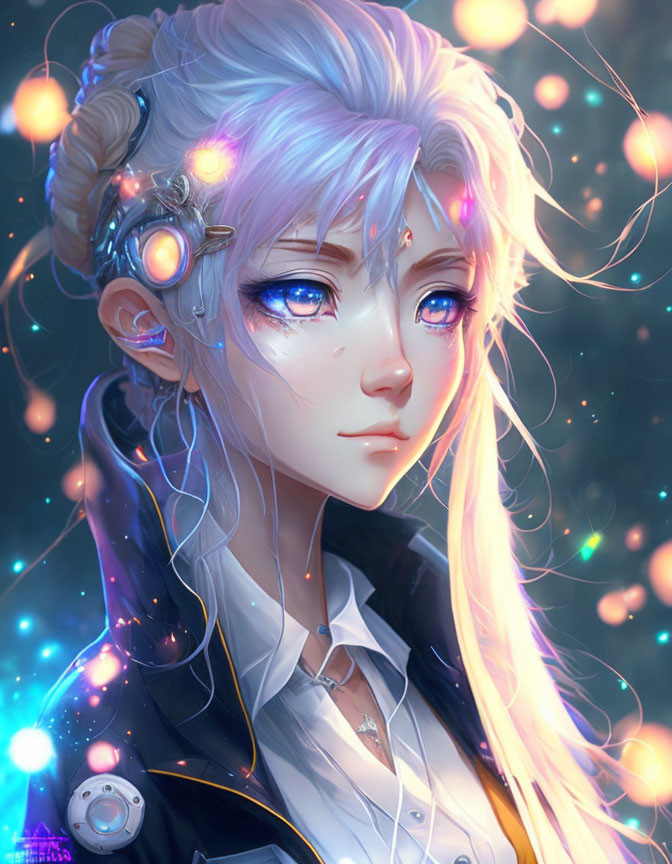 Illustrated female with glowing blue eyes and elfin ears in futuristic setting.