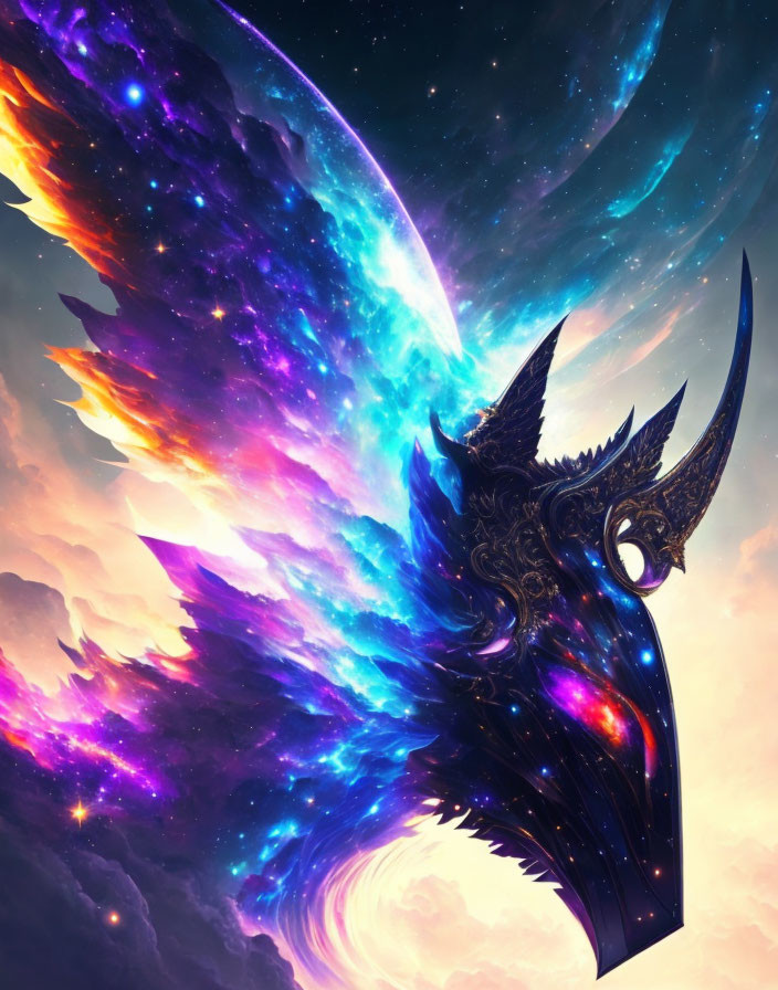 Colorful celestial dragon in cosmic background with swirling nebulae.