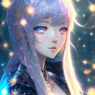 Illustrated female with glowing blue eyes and elfin ears in futuristic setting.