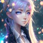 Stylized portrait of female character with pale blue hair, glasses, and intricate jewelry against glowing lights