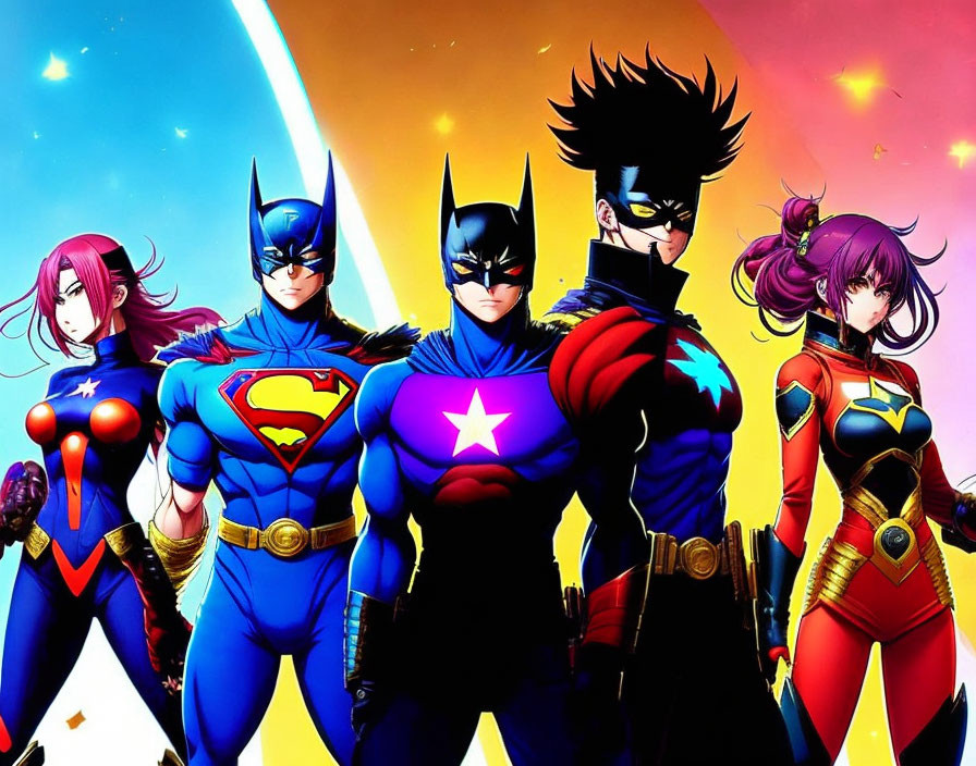 Five Stylized Superheroes in Vibrant Armored Costumes with Cosmic Backdrop