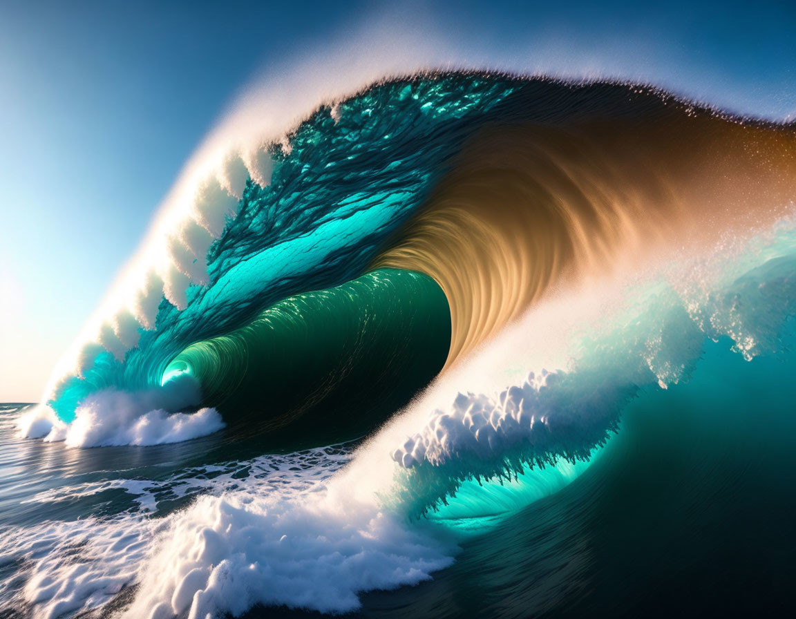 Majestic giant wave with vivid blue and green colors crashing in the ocean