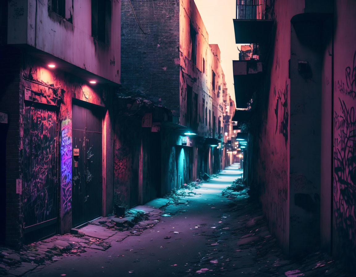 Moody urban alleyway at dusk with neon lights and graffiti-covered walls