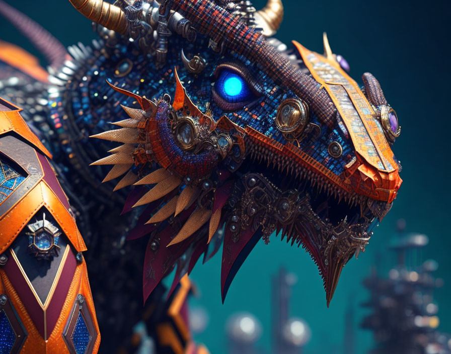 Detailed Mechanical Dragon Head with Metal Scales and Glowing Blue Eyes