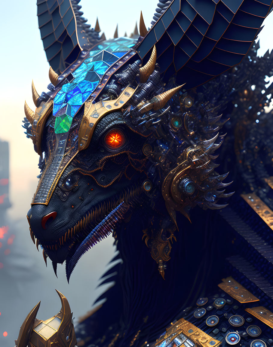 Detailed Mechanical Dragon with Glowing Red Eyes and Golden Armor