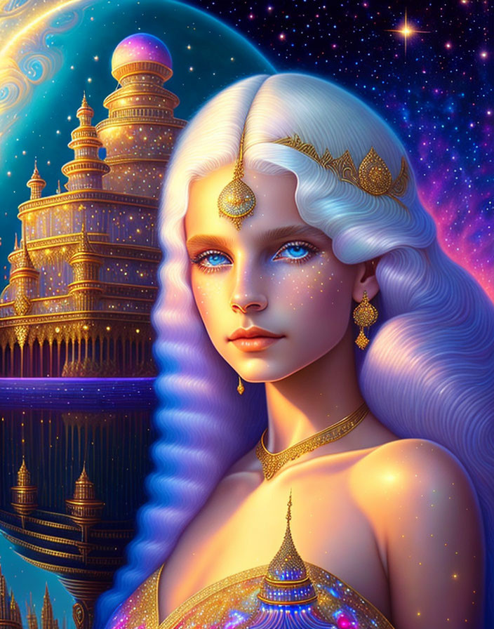 Surreal illustration of woman with blue eyes and white hair in starry sky with golden jewelry and