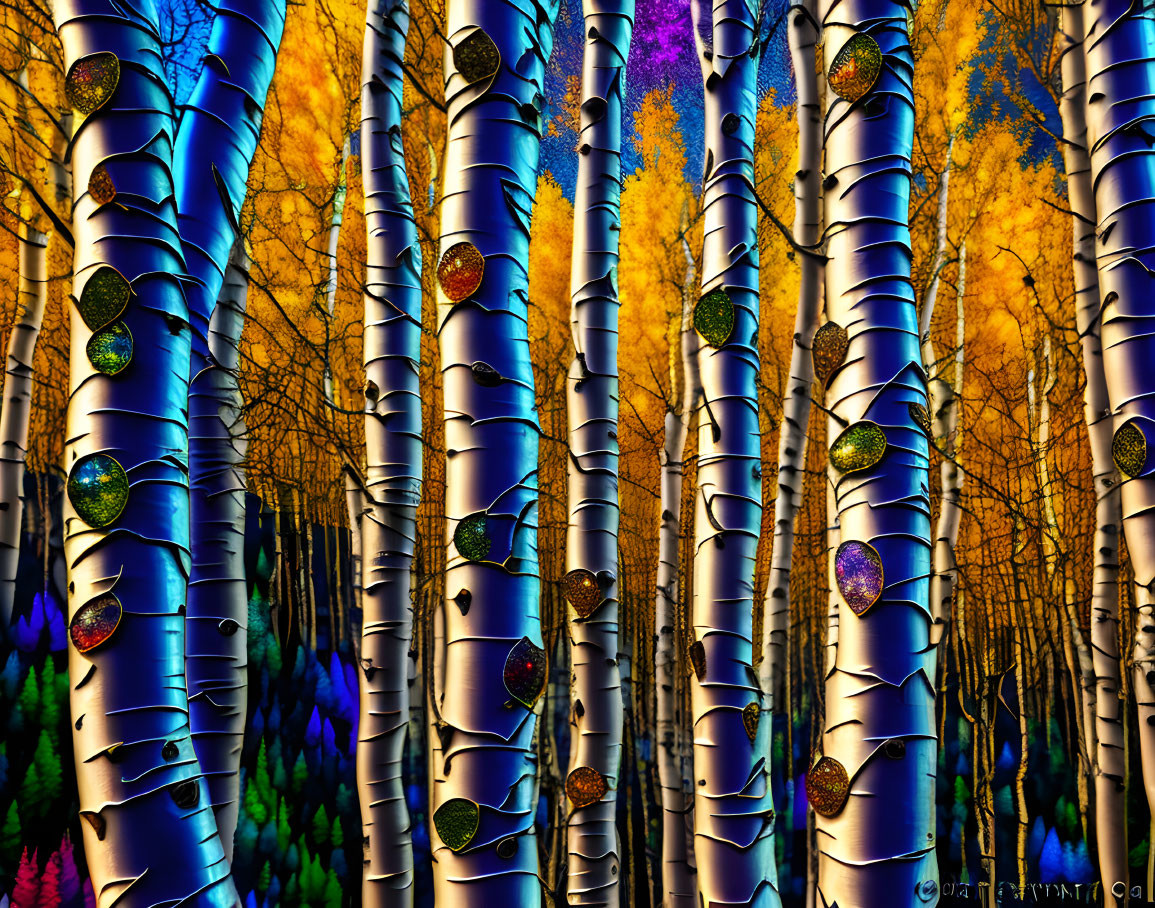 Vivid birch forest in autumn with surreal colors and decorative elements