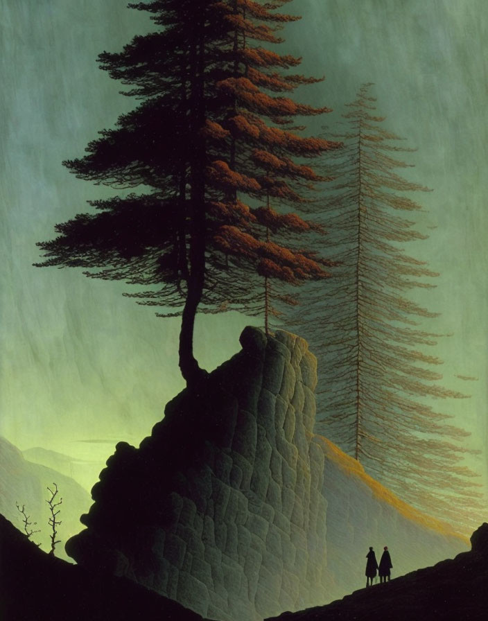 Twilight sky painting with two figures and tall trees
