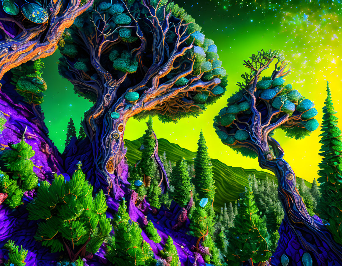 Colorful swirling trees in whimsical forest under starry sky