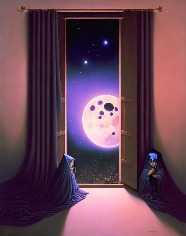 Surreal artwork: Open window, moonlit night, cloaked figures