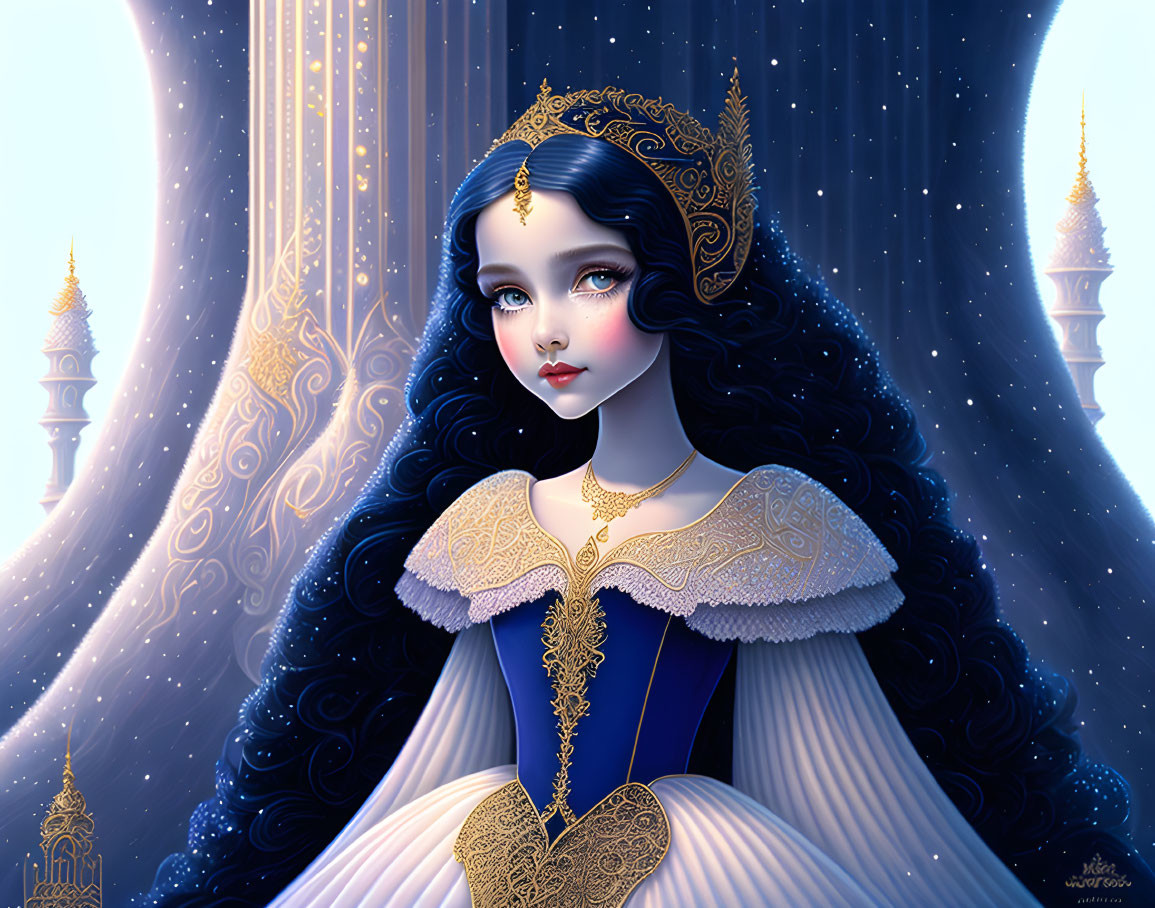 Stylized princess illustration with dark hair, blue eyes, regal attire, and castle backdrop