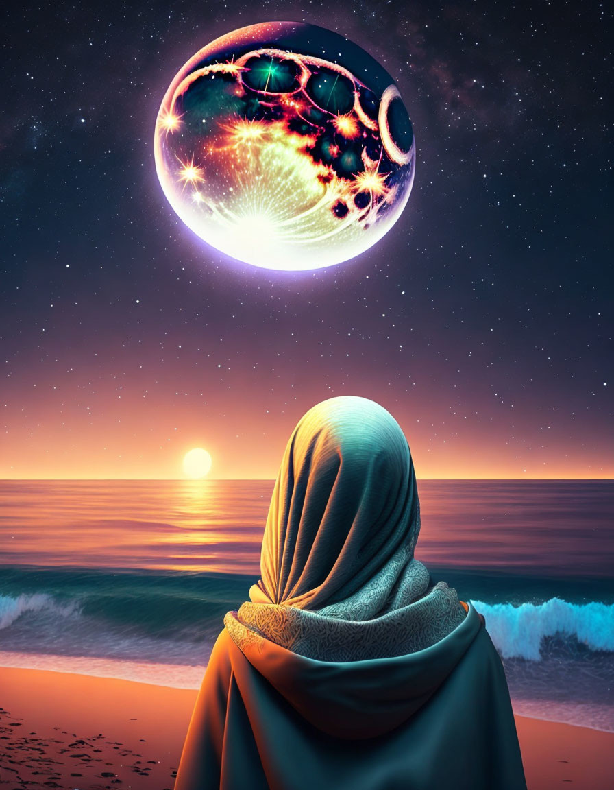 Person in hijab gazes at surreal oversized moon above tranquil seashore at sunset