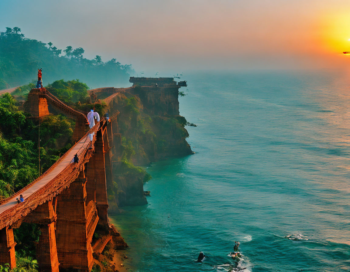 Coastal Cliff with Arch Bridge at Sunset and People Walking