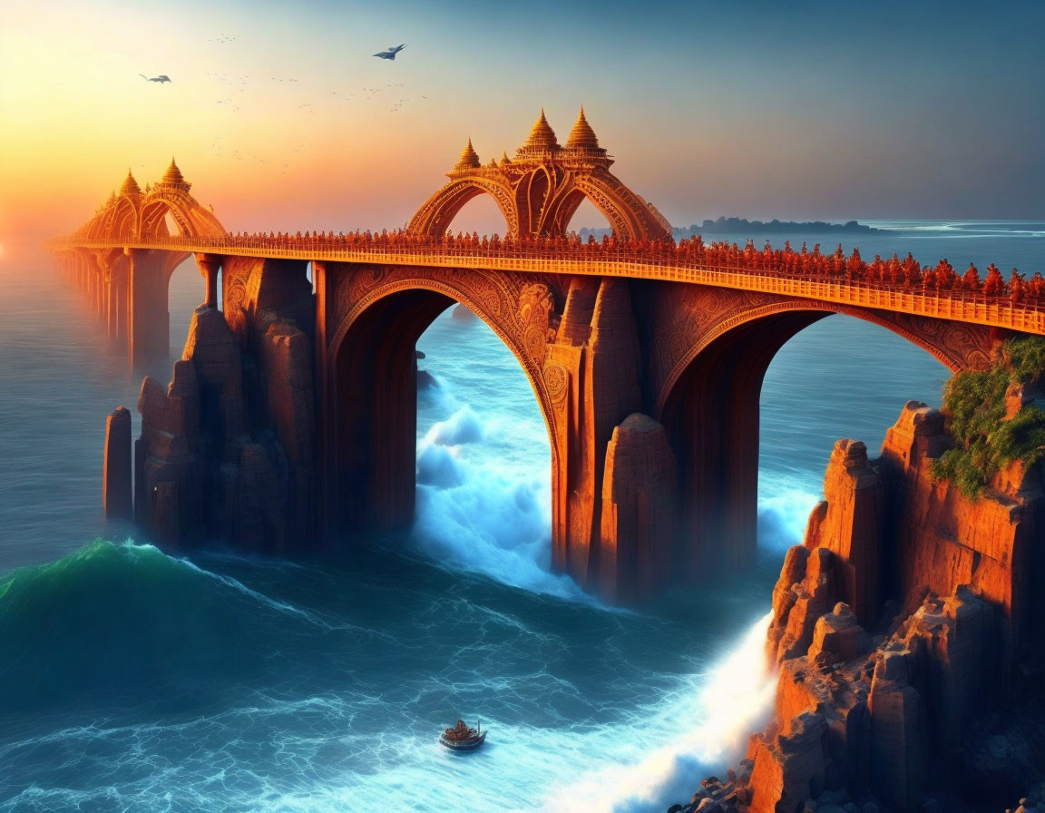 Majestic fantasy bridge over tumultuous ocean at sunset