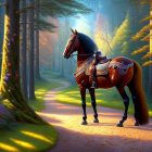 Chestnut horse on forest path under sunlight