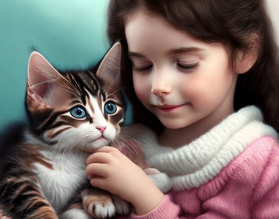 Young girl holding striped kitten with closed eyes