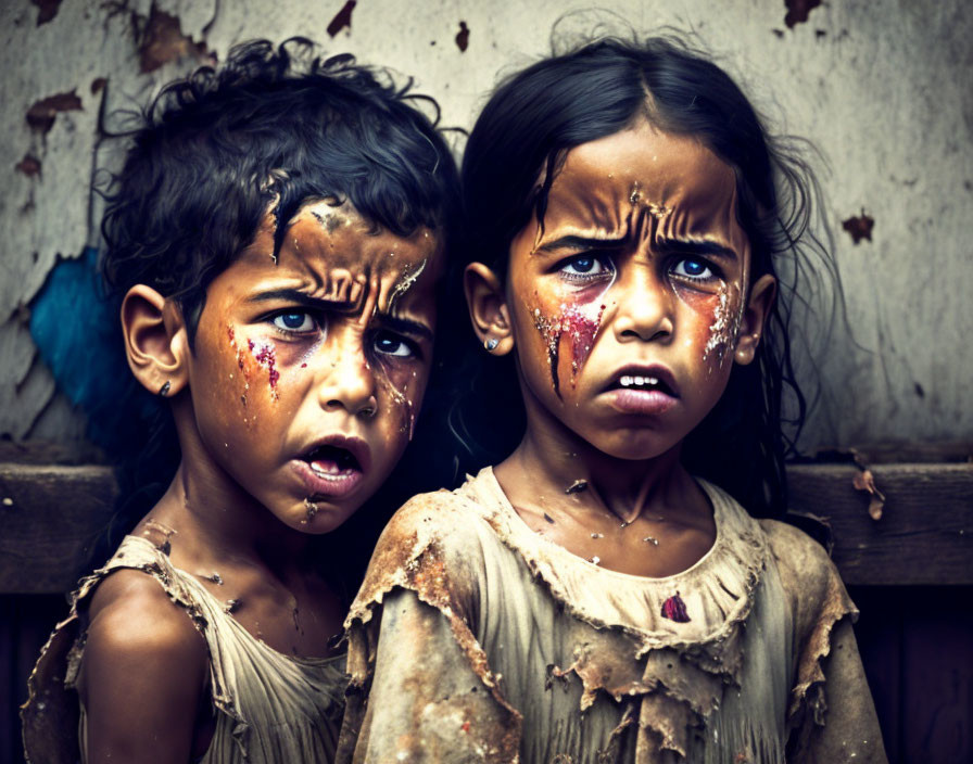 Two solemn children covered in dirt and paint on worn wooden background