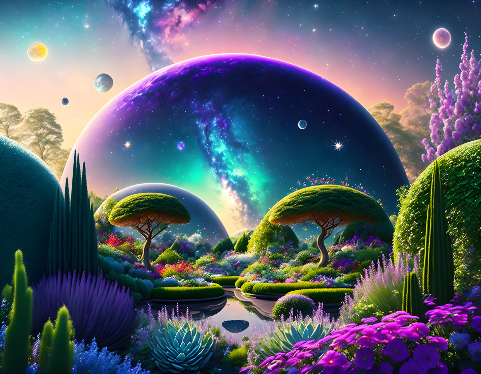 Fantasy Landscape with Vibrant Flora, Neon Sky, and Oversized Celestial Bodies