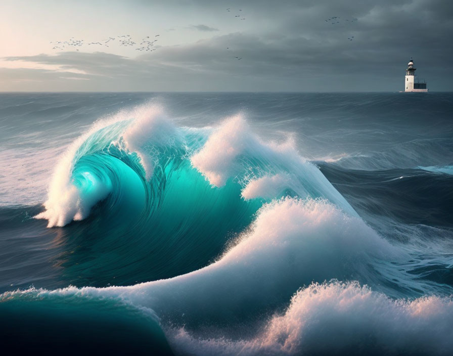 Turquoise Wave Cresting in Stormy Sea with Lighthouse and Birds