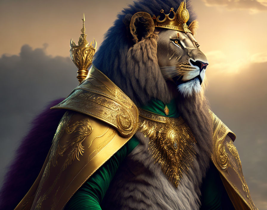 Regal lion with golden crown and armor in dramatic cloudy sky.