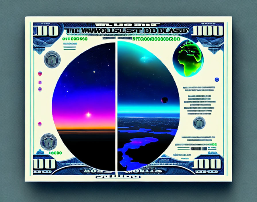 Currency note digitally altered with cosmic theme, planets, starry sky, day to night gradient