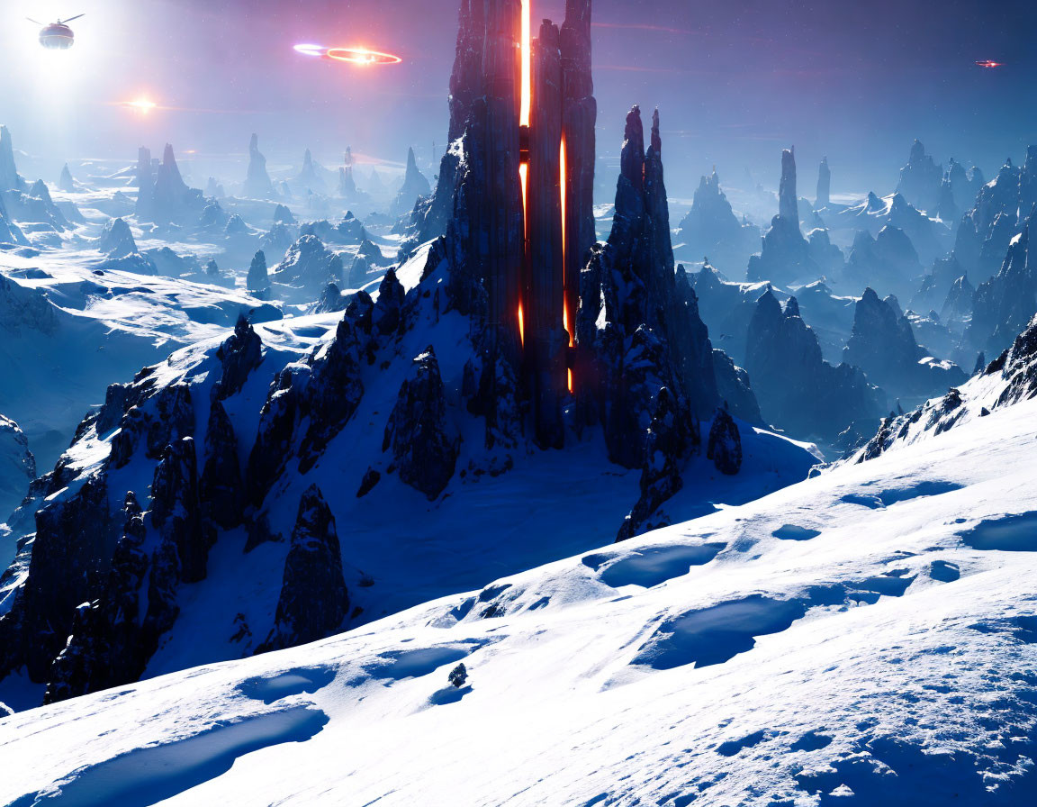 Snowy Alien Landscape with Glowing Structure and Twin Suns