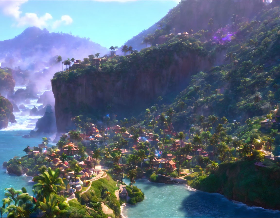 Scenic tropical village in cove with cliffs, blue waters, greenery, misty mountains